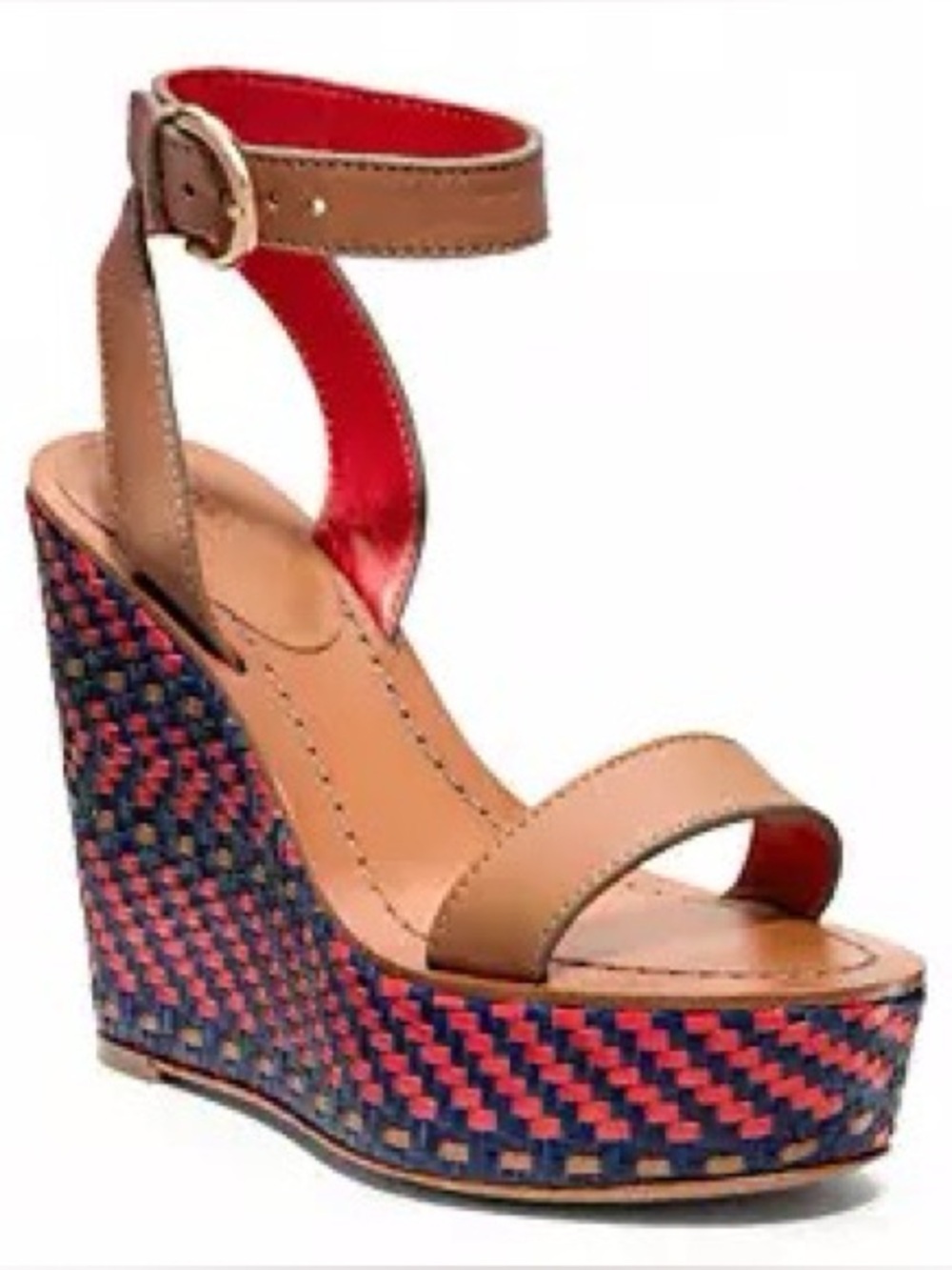 Coach Tan Leather Wedge Sandals with Navy & Coral Woven Platform 5.5 new Shoes